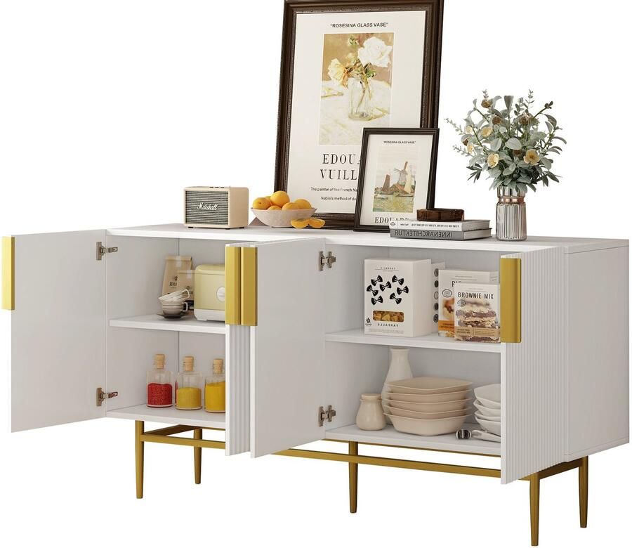 Merax Modern Wit Dressoir – Elegante Buffetkast met 4 Deuren en Gouden Handgrepen – Opbergkast van MDF & Spaanplaat – 152 5 x 40 5 x 80 cm