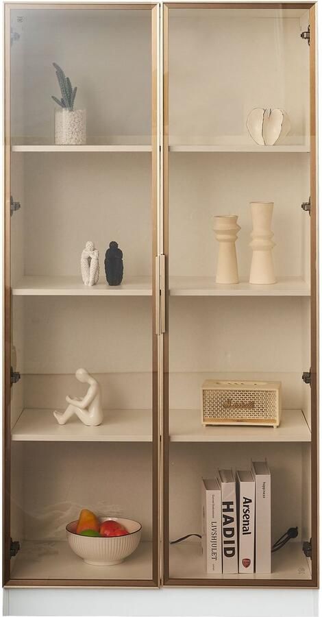 Merax Modern Woonkamer Vitrinekast Set – 2 Witte Glasvitrines met LED-verlichting en Verstelbare Planken – Elegante Opbergkasten