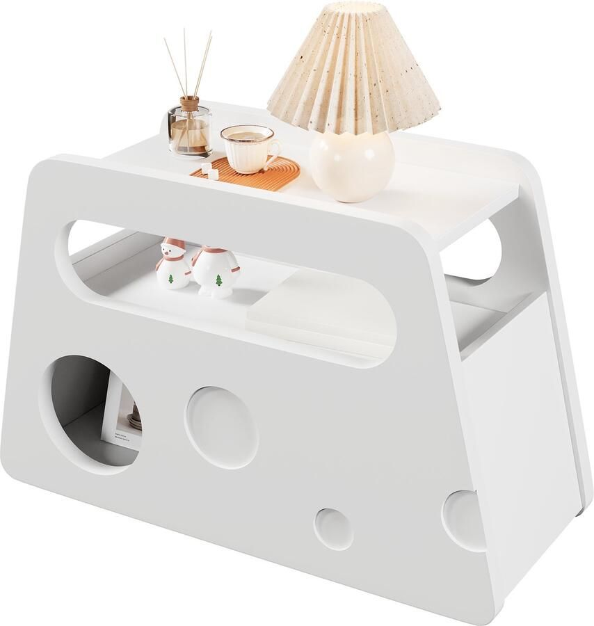 Merax Moderne bijzettafel wit met wielen Afgerond design Mobiel & ruimtebesparend Ideaal voor woonkamer en slaapkamer 81x33x51 5 cm