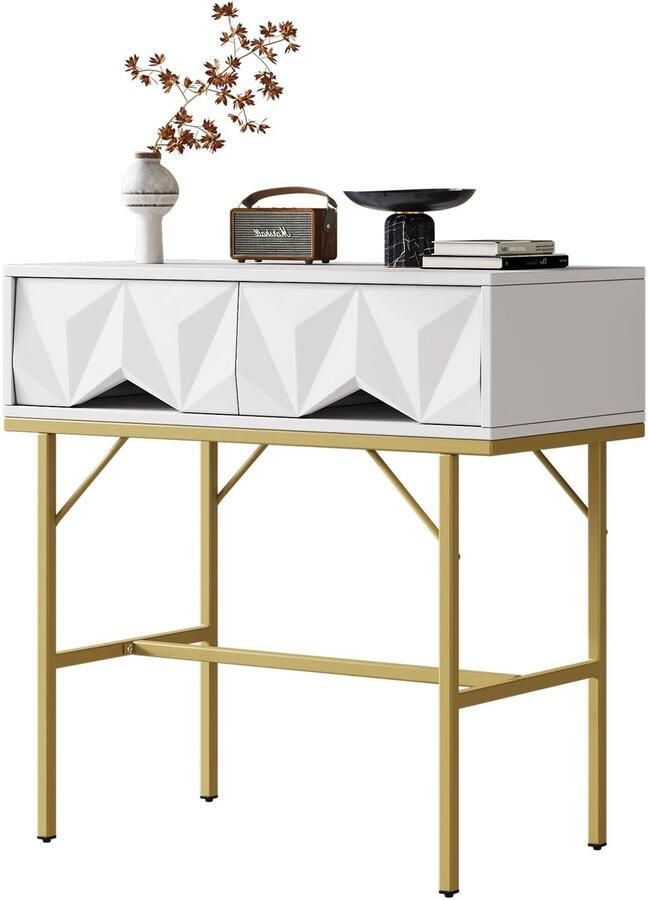 Merax Moderne Console Tafel – Wit met Gouden Poten – Geometrisch Ladeontwerp – 80x40x80 cm – Voor Hal Woonkamer of Slaapkamer