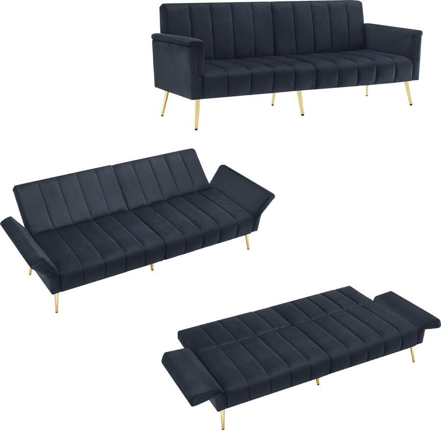 Merax Luxe Slaapbank – 2-Zits Bankstel Verstelbare Rugleuning en Armleuningen – 183 cm – Zwart Fluweel met Gouden Poten - Foto 2