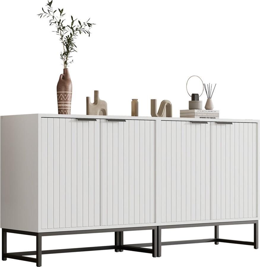 Merax Moderne Dressoir Kast met 2 Deuren en Golvend Design – Metalen Handgrepen en Framepoten – Geschikt voor Woonkamer Hal en Eetkamer – Afmetingen: B160 x D40 x H80 cm – Wit