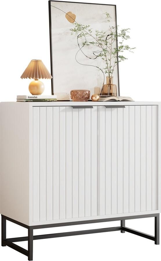 Merax Moderne Dressoir Met 2 Deuren en Vormen in Witte Afwerking Stabiele Kast Met Metalen Handgrepen en Poten Voor Woonkamer Hal en Eetkamer Afmetingen: B80 T40 H80 cm