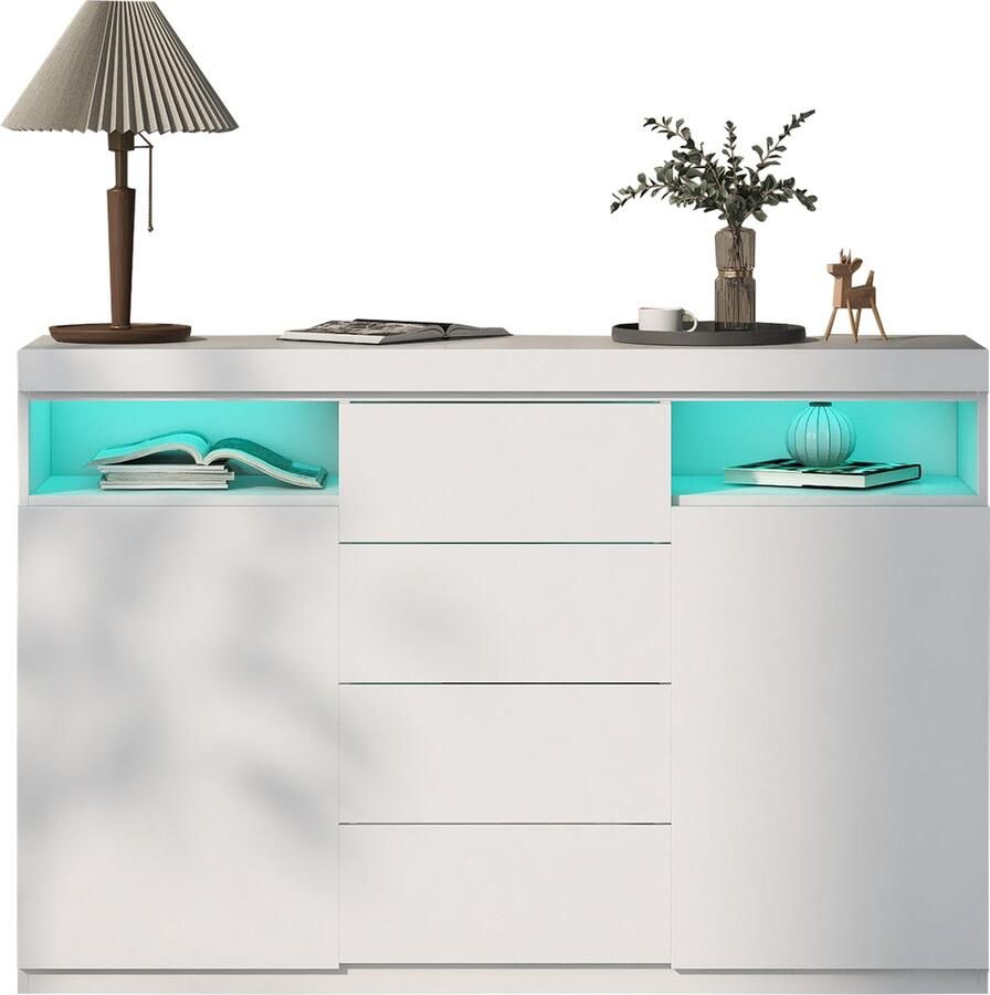 Merax Moderne LED Kommode Wit Sideboard Multi-functionele Kast met 2 Deuren 4 Lades en Verstelbare Verlichting 139 x 36.5 x 92 cm