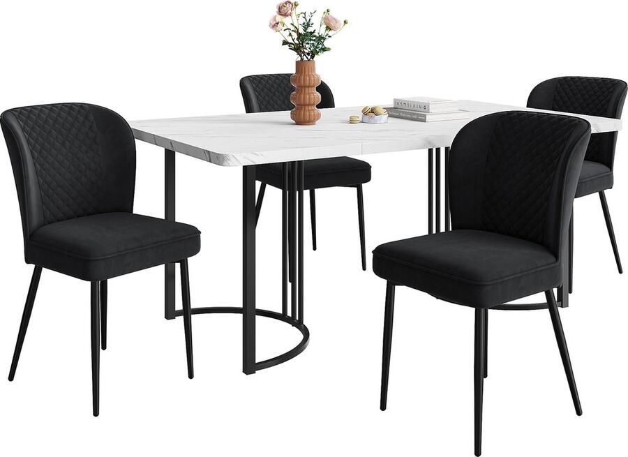 Merax moderne eethoek met tafel en 4 stoelen – Eettafelset (140×80×75 cm) witte MDF tafelblad zwarte metalen poten zwarte fluwelen eetkamerstoelen met rugleuning