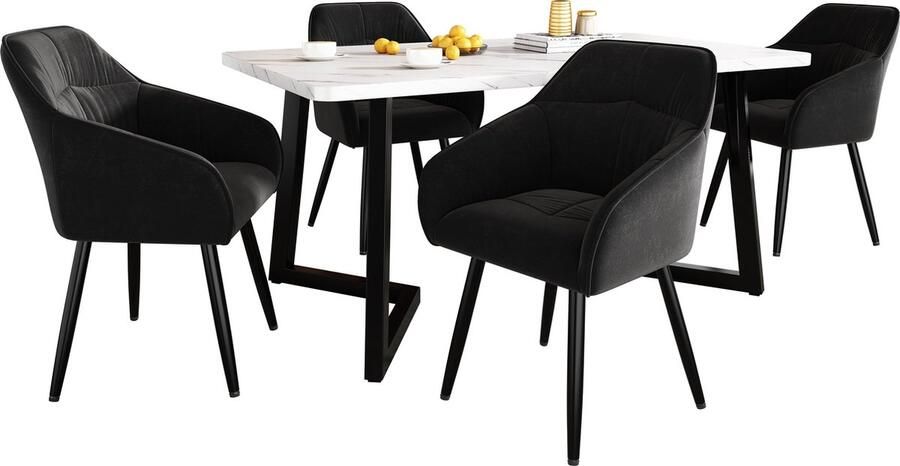 Merax Moderne Eethoek Set 117x68 cm Eettafel met 4 Zwarte Fluwelen Stoelen Design Eetkamerset met Rugleuning MDF Tafelblad in Wit Zwarte Tafelpoten