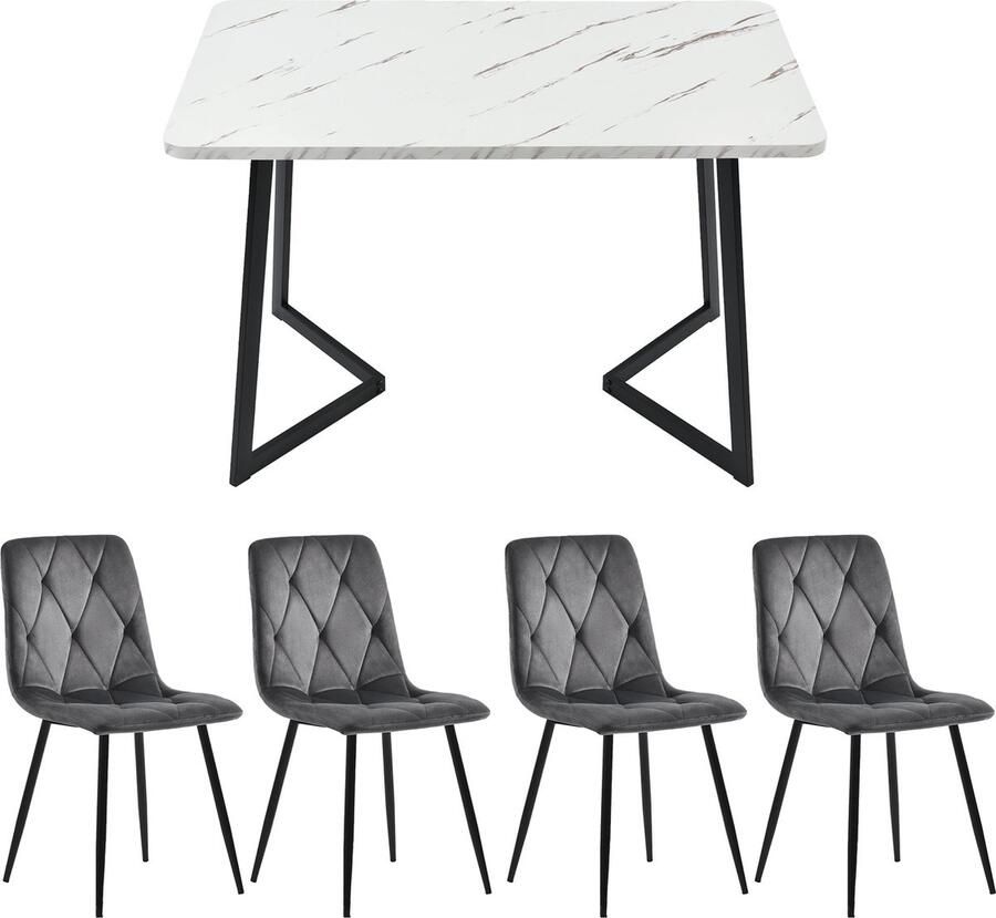 Merax Moderne Eetkamer Set Rechthoekige Eettafel 117x68 cm met 4 Velvet Eetkamerstoelen Wit met Zwart en Grijs - Foto 2