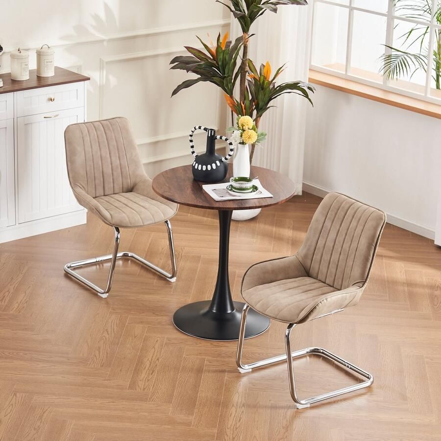 Merax Moderne Eetkamerstoelen Set van 2 – Khaki Stoelen met Kunstleer en Comfortkussen – Industriële Designstoelen – Metalen Frame