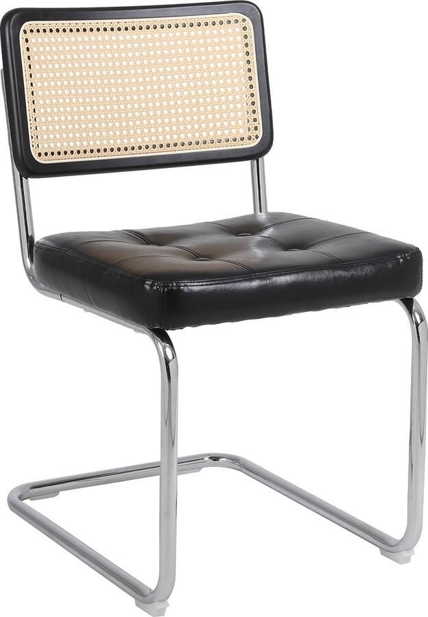 Merax Moderne Eetkamerstoelen Set van 2 Rattan Stoelen met Kunstlederen Kussen en Mesh Rugleuning Zwart