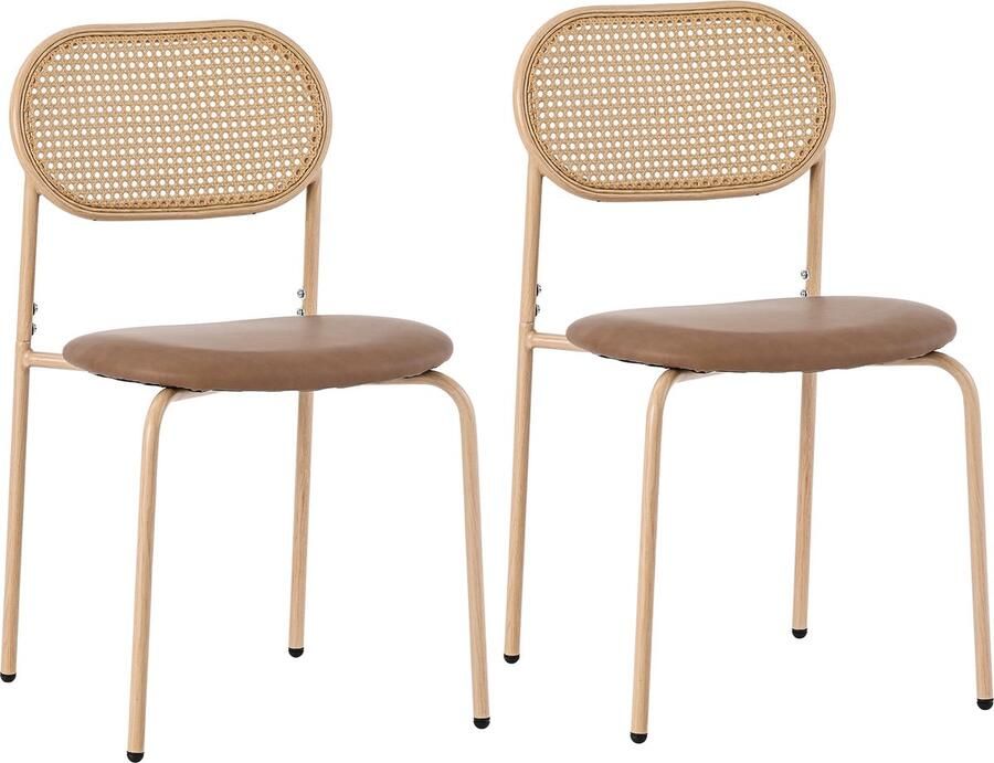 Merax Set van 2 Moderne Eetkamerstoelen Rattan Rugleuning Metalen Poten PU Zitting Voor Eetkamer Woonkamer en Slaapkamer Bruin