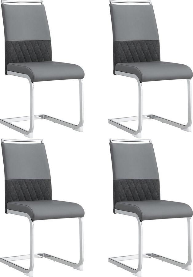 Merax Moderne Eetkamerstoelen Set van 4 Hoge Rugleuning van PU Kunstleer en Linnen Gestoffeerde Side Chair met Strependesign Grijs