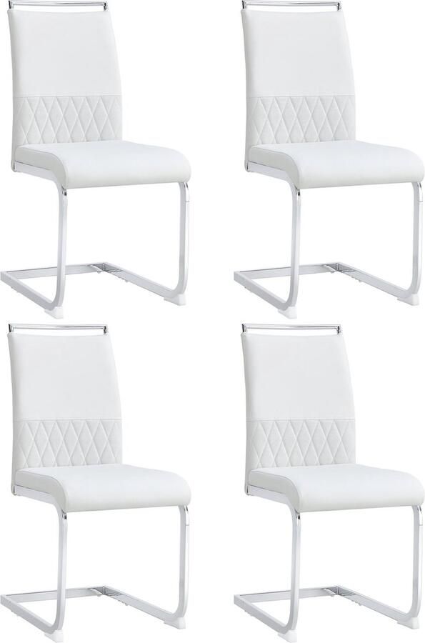Merax Moderne Eetkamerstoelen Set van 4 – Stoelen met Hoge Rugleuning – PU Kunstleer en Linnen – Ergonomisch Ontwerp – Wit met Zilveren Poten
