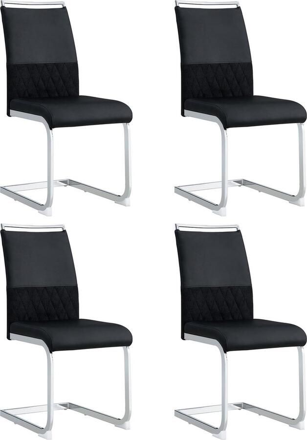 Merax Moderne Eetkamerstoelen Set van 4 Zwarte Stoelen met Hoge Rugleuning van PU-Leder en Linnen Gestreept Design Comfortabele en Ergonomische Side Chairs voor Eetkamer Keuken Kantoor