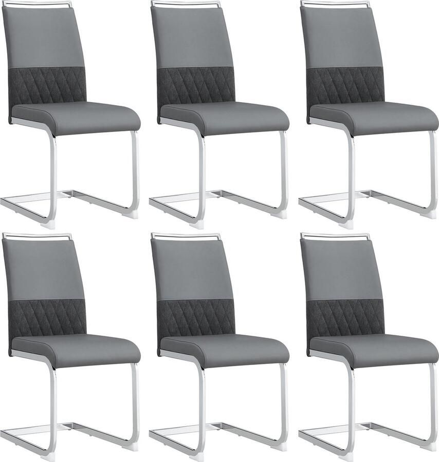 Merax Moderne Eetkamerstoelen Set van 6 – Stoelen met Kunstleer en Linnen Rugleuning Hoog Gestoffeerde Rugleuning Ergonomisch Ontwerp Grijs met Zilver