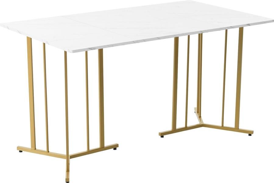 Merax Moderne Eettafel met Uniek Metalen Frame 140x80 Keukentafel in Marmerlook Marmerpatroon Tafel Wit met Goud