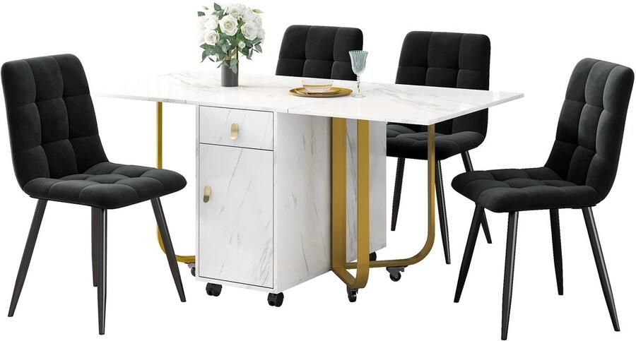 Merax Essgroep Set 150x80x76 cm Klapbare Keukentafel met 4 Samt Stoelen Gepolsterde Stoelen met Rugleuning MDF Tafelblad in Wit Zwarte Metaal Tafelpoten