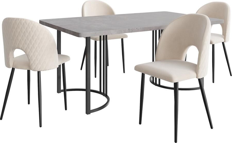 Merax [ niet compleet] Essgruppe (Set 140×80cm Esstisch mit 4 Stühlen) Moderner Küchentisch Set Samt Esszimmerstuhl Mit Diamantmuster Verstellbare Stuhlbeine Beige Samt MDF Tischplatte in Grau Schwarz Tischbeine - Foto 2