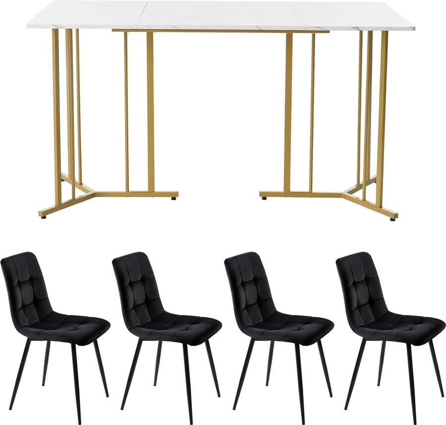 Merax Moderne Eetset (5-delig) – Eettafel met 4 stoelen 140x80 cm eettafel met goudkleurige metalen poten Wit MDF tafelblad en zwarte fluwelen eetkamerstoelen - Foto 3