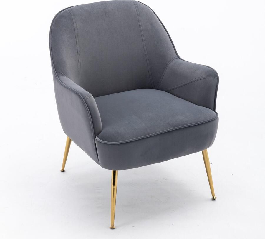 Merax Moderne Fluwelen Accentstoel Ergonomische Fauteuil met Gouden Poten en Verstelbare Voetjes Grijs