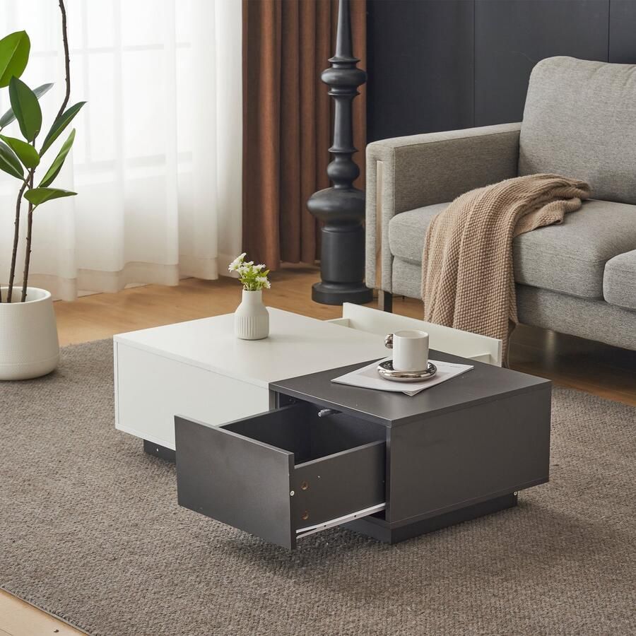 Merax Moderne gebroken witte rechthoekige salontafel 100x50x30 cm met 2 druklades lage woonkamertafel bijzettafel