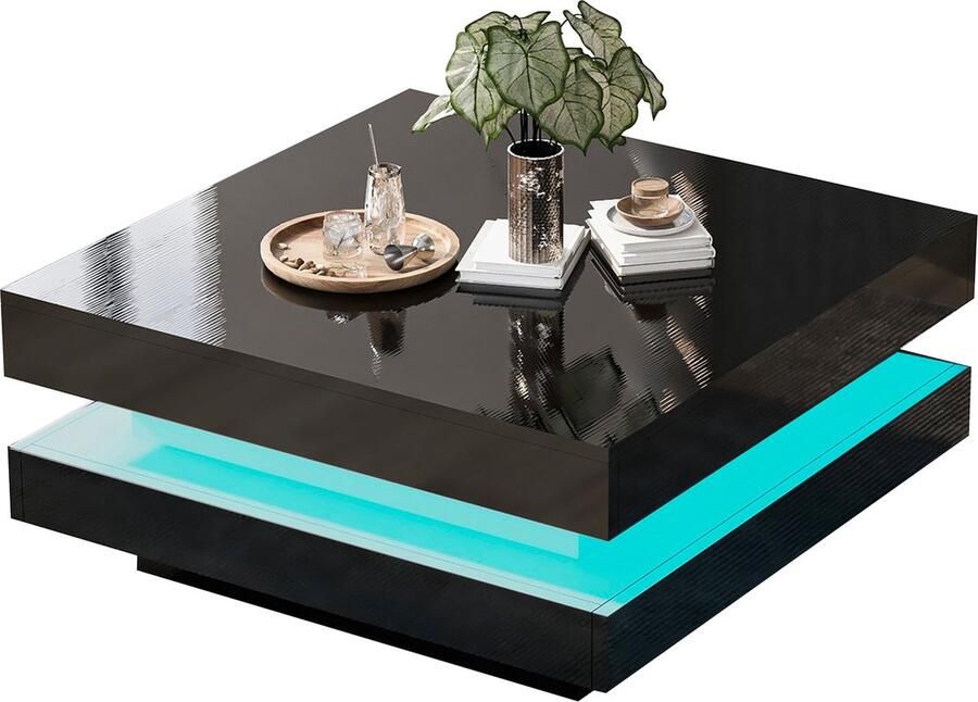 Merax Moderne Hoogglans Salontafel met LED Verlichting Luxe Vierkante Tafel Zwart