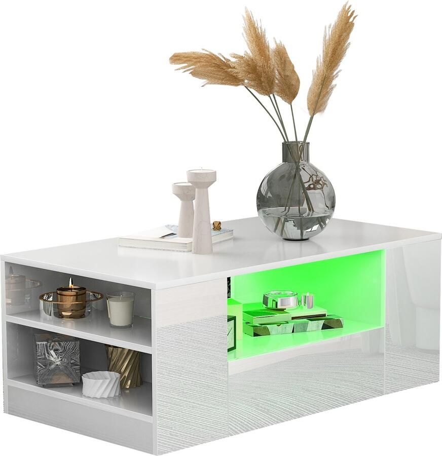 Merax Moderne Hoogglans Witte Salontafel met LED-verlichting – 2 Lades & 2 Open Vakken – 95x53x37 cm – USB Aansluiting – Voor Woonkamer of Slaapkamer