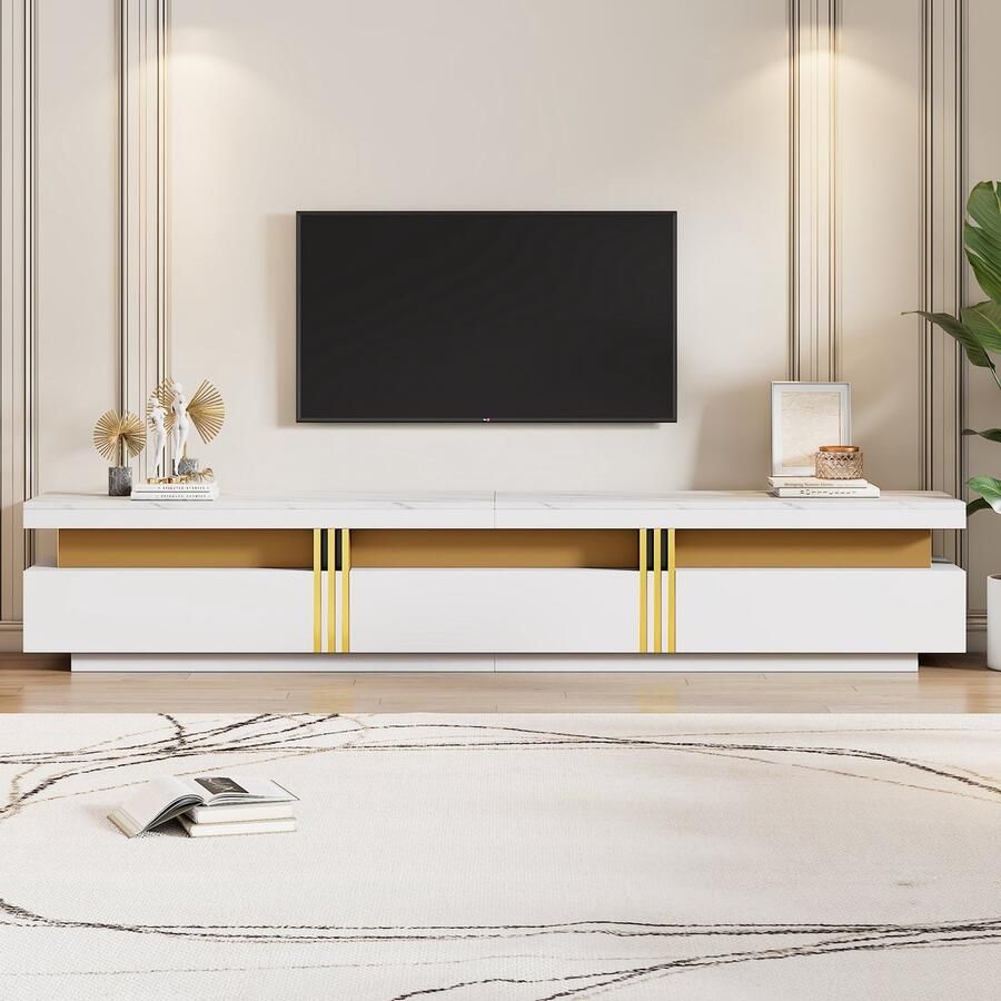 Merax Moderne lage TV-meubel met een marmeren uiterlijk tv-plank tv-lade 200 x 40 x 42 cm -wit