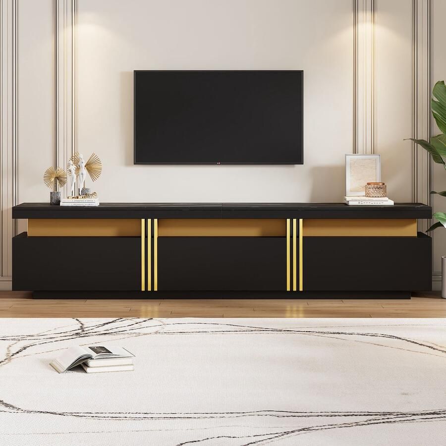 Merax Moderner Lowboard TV-Schrank mit Marmor-Optik TV-Board TV-Kommode 200 x 40 x 42 cm – Für Fernseher bis 90 Zoll Drei Schubladen und 1 Kabelmanagement