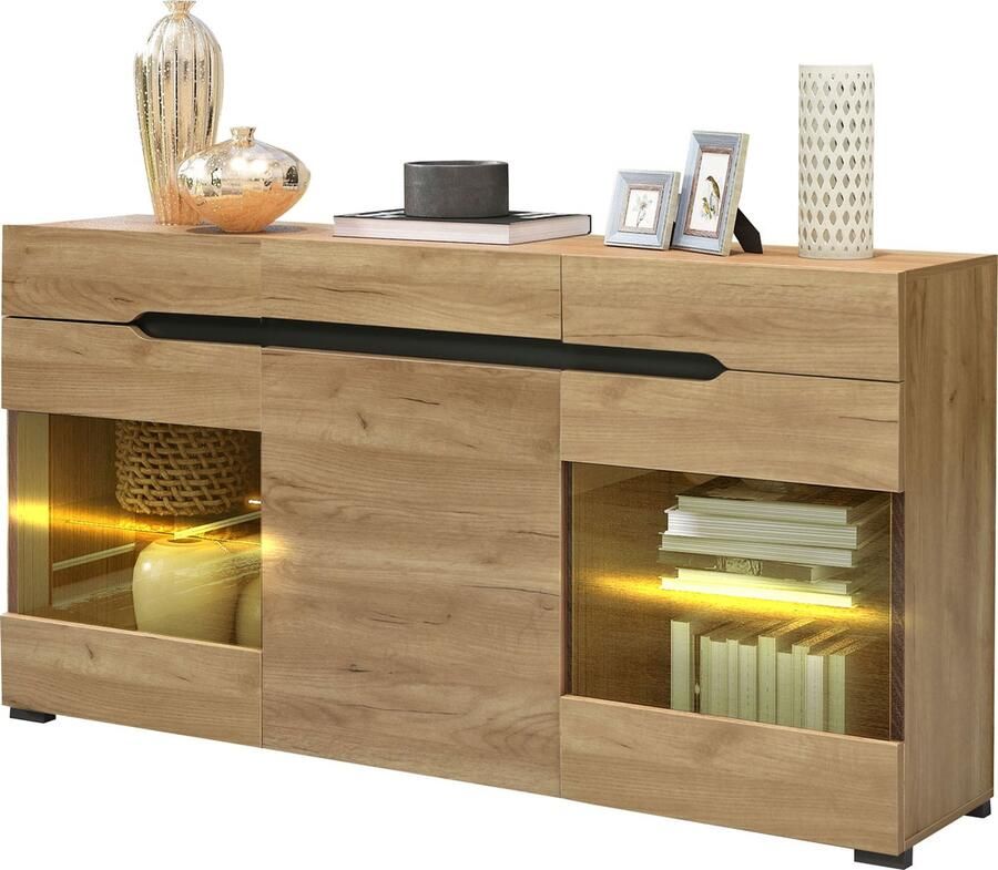 Merax Moderne LED Sideboard Kast 140 cm Eiken 3 Deuren 3 Lades Stijlvolle Opbergoplossing voor jouw Woonkamer - Foto 2