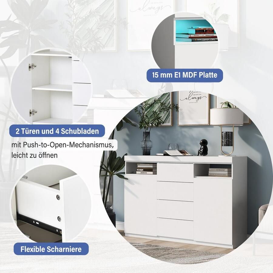 Merax Moderne LED Kommode Wit Sideboard Multi-functionele Kast met 2 Deuren 4 Lades en Verstelbare Verlichting 139 x 36.5 x 92 cm - Foto 2