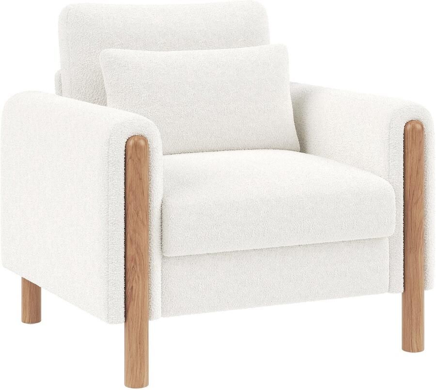 Merax Moderne Loungestoel Comfortabele Armleuningstoel met Dik Kussen Zachte Teddy Fluwelen Stof Relaxsessel voor Woonkamer Slaapkamer of Bureau Wit
