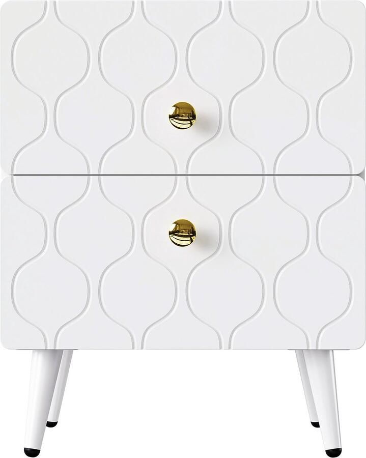 Merax Moderne Nachtkastjes – 2-Delige Set Witte Nachtkastjes met Wellenpatroon Vergulde Grepen en 2 Lades Met Stootvaste Hoeken en Gelakte Afwerking - Foto 3