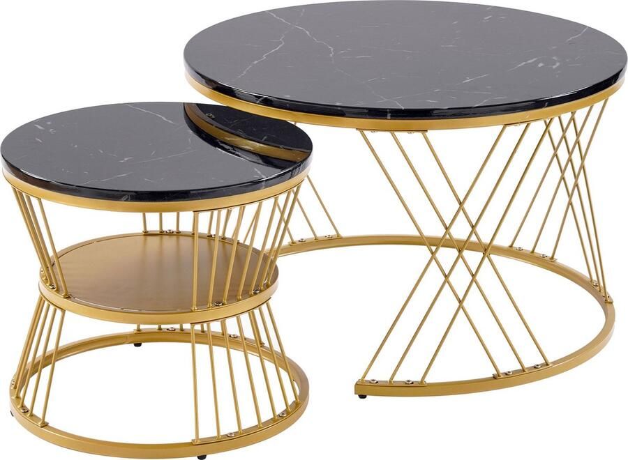 Merax Moderne Nesting Couchtafel Set Hoogglans Salontafel met Marmerlook Set van 2 Ronde Einde Tafel met Gouden Frame - Foto 2