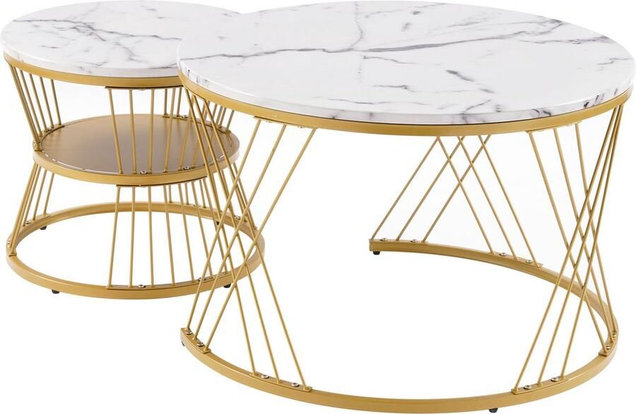 Merax Moderne Nesting Salontafel Set 2-Delig Marmerlook Rond Tafelblad Goudkleurig Frame Ruimtebesparend Design MDF Hoogglans Woonkamertafel Bijzettafel - Foto 3