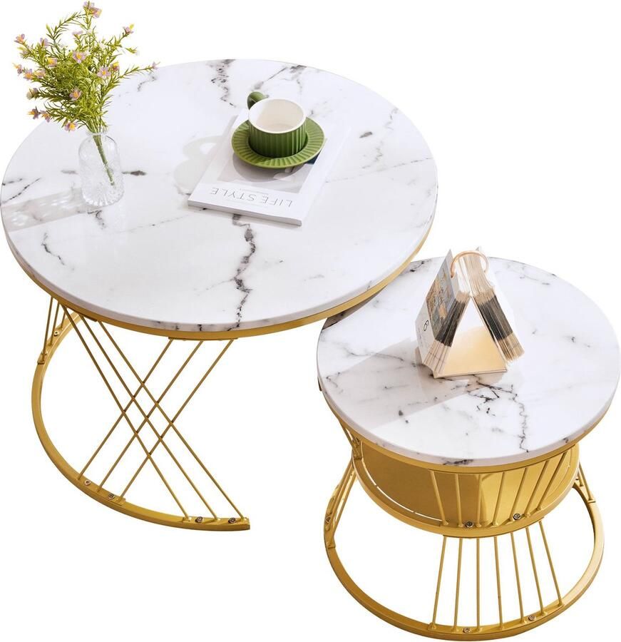 Merax Moderne Nesting Salontafel Set 2-Delig Marmerlook Rond Tafelblad Goudkleurig Frame Ruimtebesparend Design MDF Hoogglans Woonkamertafel Bijzettafel - Foto 2
