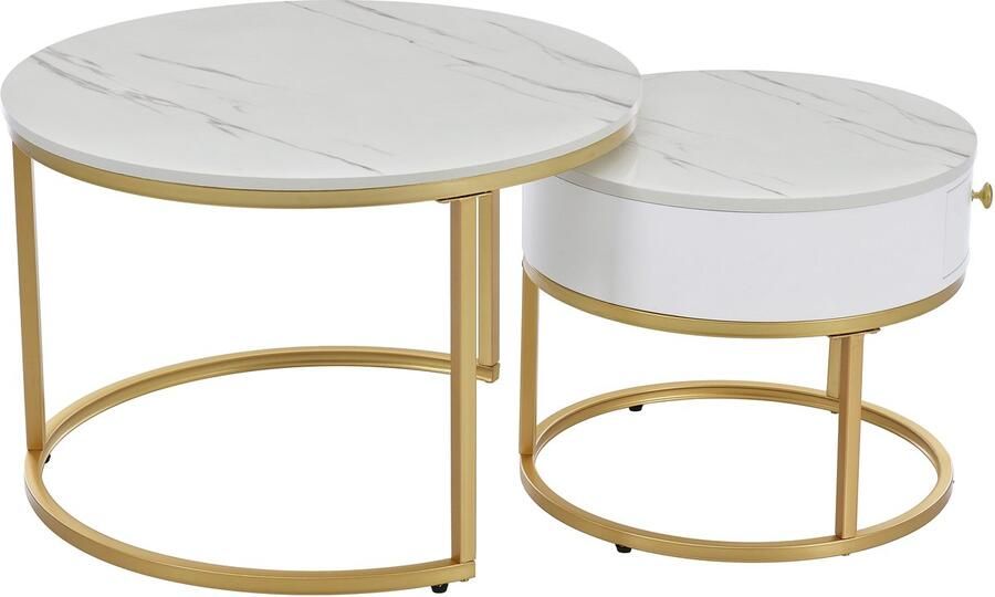 Merax Moderne nesting salontafel set Hoogglans marmerlook Ronde geneste bijzettafels 2-delig Woonkamertafels