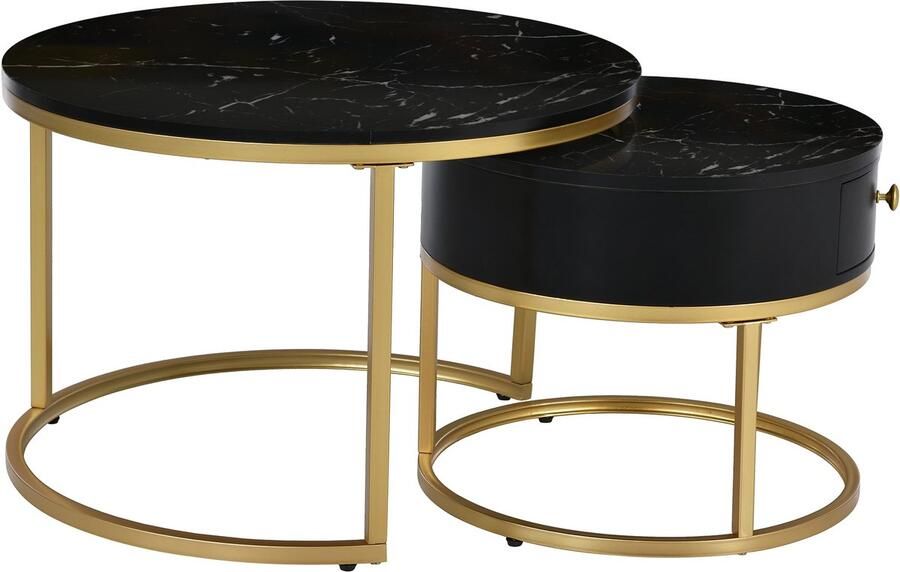 Merax Moderne nesting salontafel set Hoogglans marmerlook Ronde geneste bijzettafels 2-delig Woonkamertafels