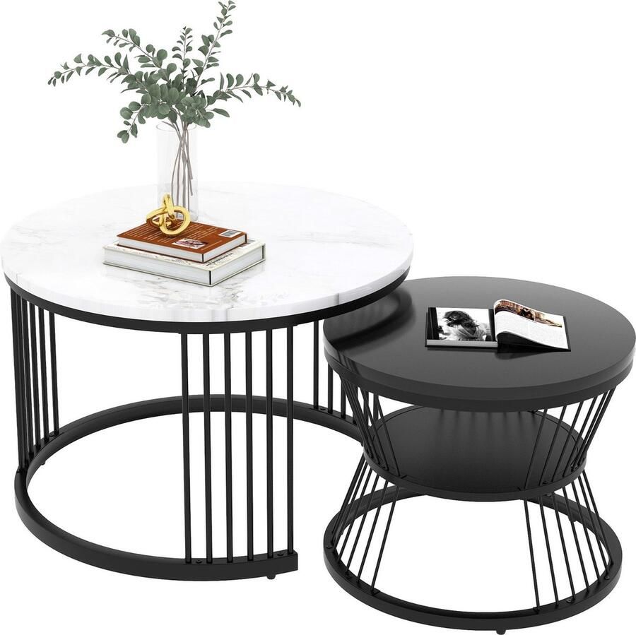 Merax Moderne Nesting Salontafel Set van 2 Hoogglans Wit Marmerlook Tafelblad met Zwart Frame Rond - Foto 2