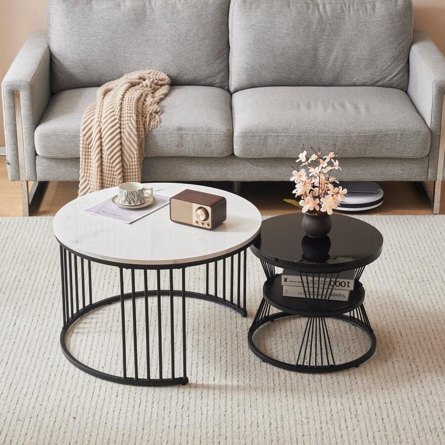 Merax Moderne Nesting Salontafel Set van 2 Hoogglans Wit Marmerlook Tafelblad met Zwart Frame Rond