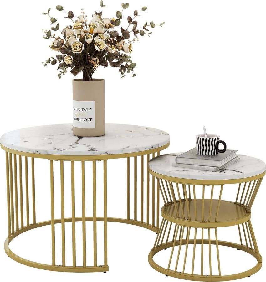 Merax Moderne Nesting Salontafel Set van 2 Ronde Salontafels in Marmerlook Hoogglans Bijzettafels Wit Marmer met Goud