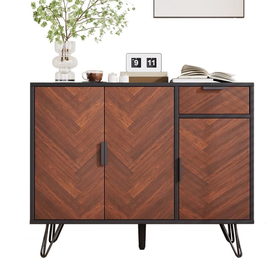 Merax Moderne Opbergkast Sideboard in Zwart en Houtlook met Lade en In hoogte Verstelbare Planken (90 x 30 x 71 5 cm)