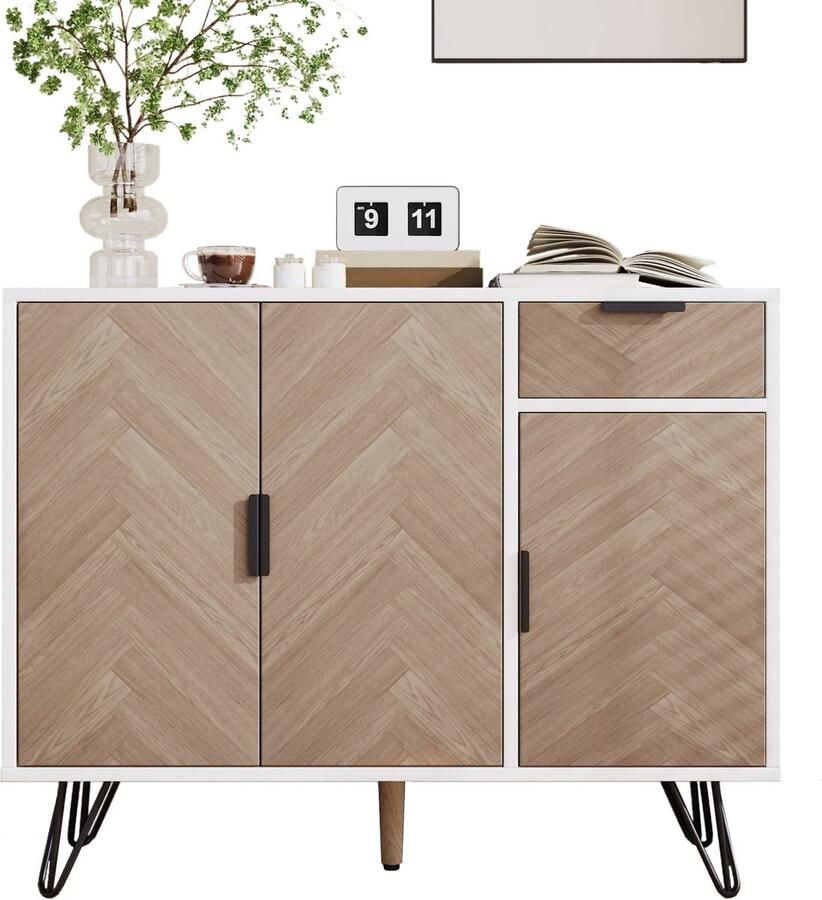 Merax Moderne Opbergkast in Wit en Houtlook Bruin Dressoir met Lade en Verstelbare Planken – 90x30x71 5 cm