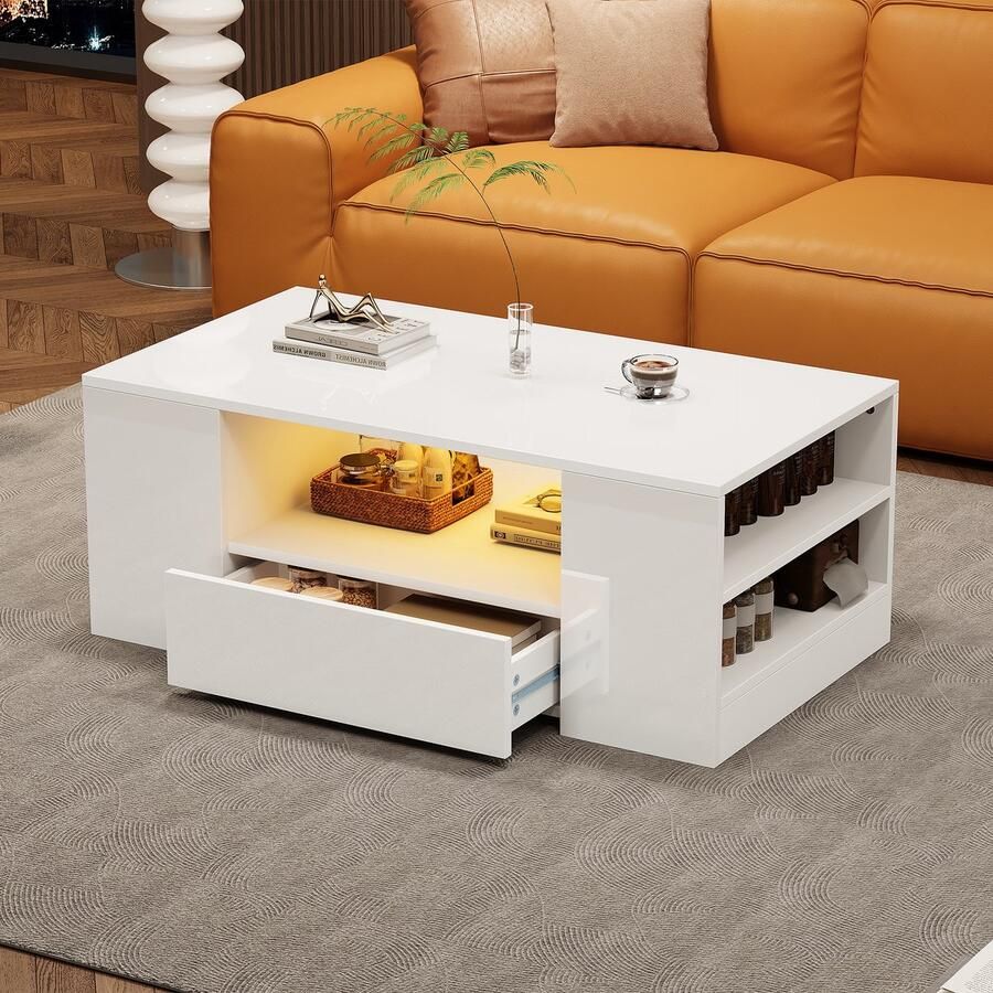 Merax Moderne salontafel Hoogglans woonmeubel 2 lades & 2 planken Sofa salontafel Bijzettafel (95x53x37 cm)