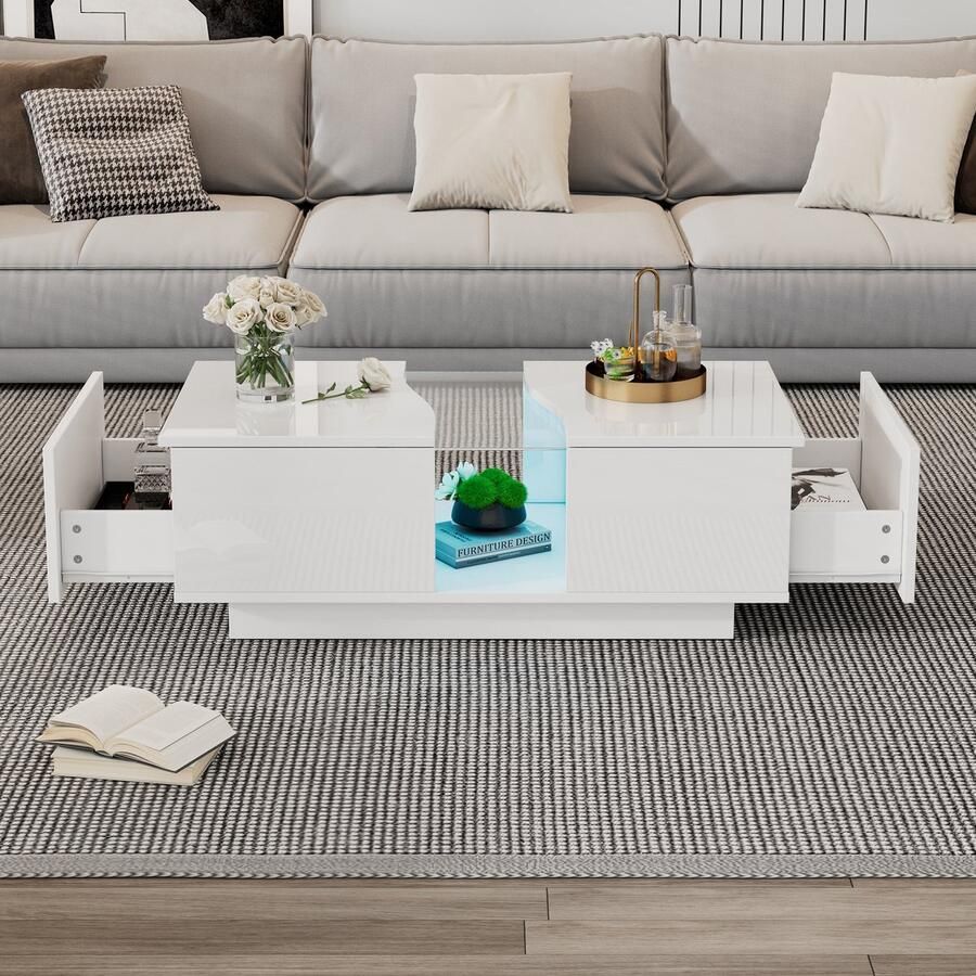 Merax Moderne salontafel met 2 lades 100 x 50 x 35 cm witte hoogglans bijzettafel met LED-verlichting en acryl blad