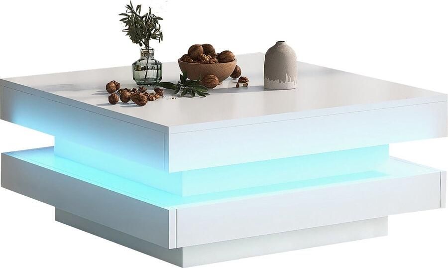 Merax Moderne Salontafel met LED Verlichting Hoogglans Tafel Vierkant Wit