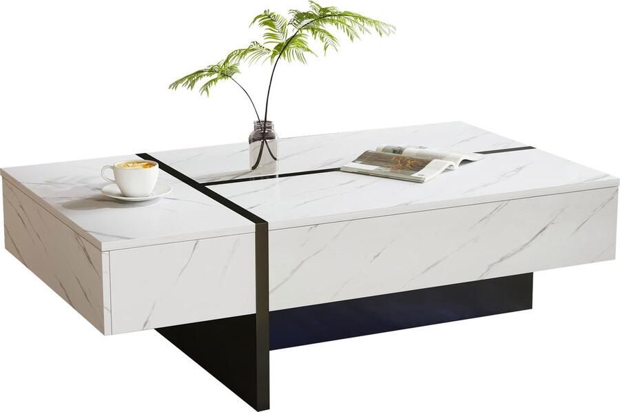 Merax Moderne Witte Salontafel met LED Verlichting Marmor Design en Hoogglans Afwerking – 105x60x35 cm Uniek Onregelmatig Ontwerp met 3 Opberg Lade voor Woonkamer