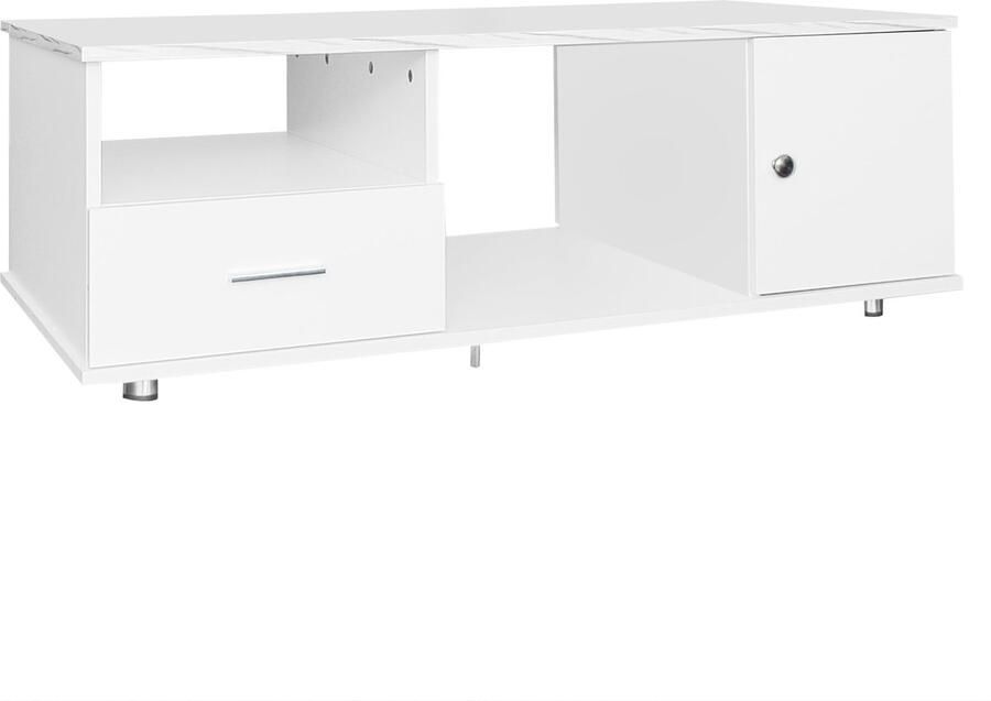 Merax Moderne Salontafel met LED-Verlichting Tafel in Hoogglans met Marmerlook Tafelblad Bijzettafel met Lades Wit