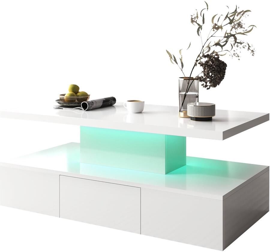 Merax Moderne Salontafel met Schubladen en LED-Verlichting – Hoogglans Wit 2 Lagen Beisteltafel voor Woonkamer 100x50x39 cm
