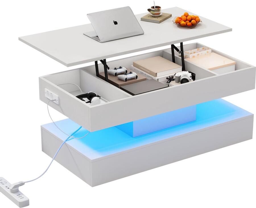 Merax Moderne Salontafel met Verstelbaar Blad LED-Verlichting en Opbergruimte – Wit – 100x50x42 cm – Met Stopcontact – 50 kg draagkracht