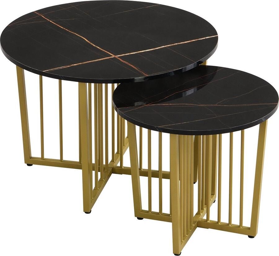 Merax Moderne Salontafel Set van 2 Bijzettafel met Draaifunctie Salontafelset in Marmerlook Zwart en Goud